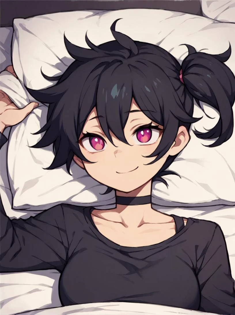 score_9, score_8_up, score_7_up, score_6_up, score_5_up, score_4_up, source_anime, rating_safe, <lora:metata_pony_v3:0.6>
BREAK
, bed sheets, soft light, smile, lying on sheets, head on pillow, 1girl,
BREAK
,
<lora:leyleyxl:1> leyleyxl, 1girl, solo, (black hair), side ponytail, (white pupils, pink eyes:.6), messy hair, short ponytail, (upper body:.6), Outline, medium breasts, black shirt, shirt, choker, collarbone, shorts,