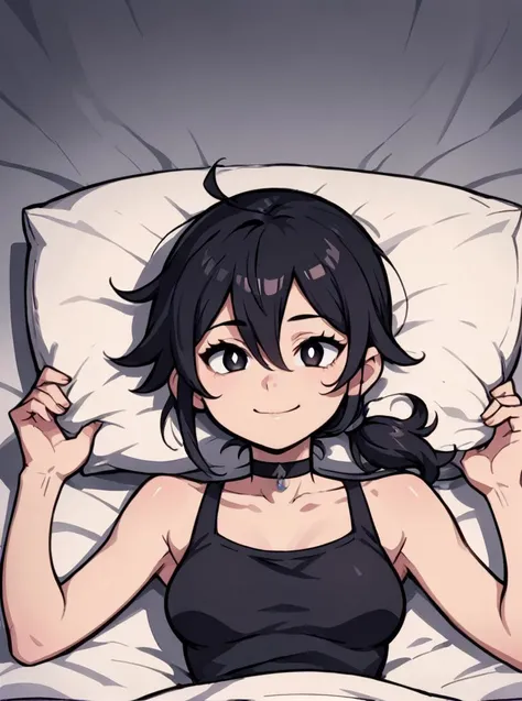 score_9, score_8_up, score_7_up, score_6_up, score_5_up, score_4_up, source_anime, rating_safe, <lora:metata_pony_v3:0.6>
BREAK
, bed sheets, soft light, smile, lying on sheets, head on pillow, 1girl,
<lora:EnvyPonyBeauty04:0.5>
BREAK
,
<lora:leyleyxl:1> leyleyxl, 1girl, solo, (black hair), [low ponytail:(side ponytail:1.4)], (white pupils, pink eyes:.6), messy hair, short ponytail, (upper body:.6), Outline, medium breasts, black shirt, shirt, choker, collarbone, shorts,