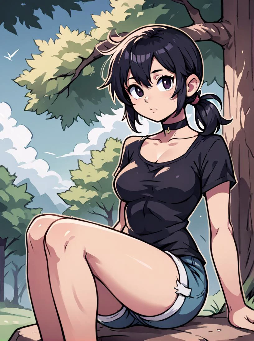score_9, score_8_up, score_7_up, score_6_up, score_5_up, score_4_up, source_anime, rating_safe, <lora:metata_pony_v3:0.6>
BREAK
(squatting:0.1), sitting in tree, outdoors, nature, forest, dawn, 1girl ,
<lora:EnvyPonyBeauty04:0.5>
BREAK
,
<lora:leyleyxl:1> leyleyxl, 1girl, solo, (black hair), [low ponytail:(side ponytail:1.4)], (white pupils, pink eyes:.6), messy hair, short ponytail, (upper body:.6), Outline, medium breasts, black shirt, shirt, choker, collarbone, shorts,