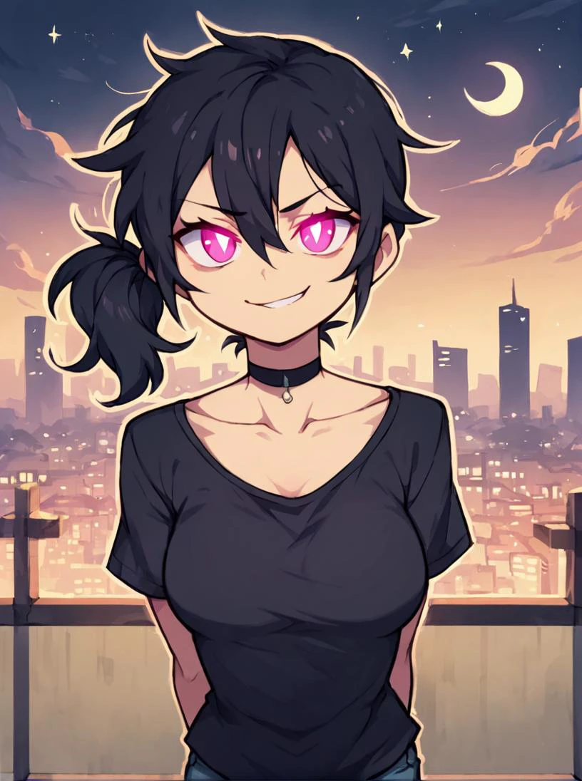 score_9, score_8_up, score_7_up, score_6_up, score_5_up, score_4_up, source_anime, rating_safe, <lora:metata_pony_v3:0.6>
BREAK
front view, cityscape, night, moon, stars, rooftop, looking at viewer, glowing eyes, smirk , white pupils, standing, hands behind back, 1girl,
BREAK
,
<lora:leyleyxl:1> leyleyxl, 1girl, solo, (black hair), side ponytail, (white pupils, pink eyes:.6), messy hair, short ponytail, (upper body:.6), Outline, medium breasts, black shirt, shirt, choker, collarbone, shorts,