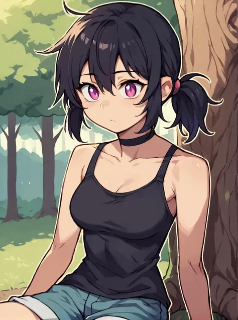 score_9, score_8_up, score_7_up, score_6_up, score_5_up, score_4_up, source_anime, rating_safe, <lora:metata_pony_v3:0.6>
BREAK
(squatting:0.1), sitting in tree, outdoors, nature, forest, dawn, 1girl ,
BREAK   
, 
 <lora:leyleyxl:1> leyleyxl, 1girl, solo, (black hair), side ponytail, (white pupils, pink eyes:.6), messy hair, short ponytail, (upper body:.6), Outline, medium breasts, black shirt, shirt, choker, collarbone, shorts,