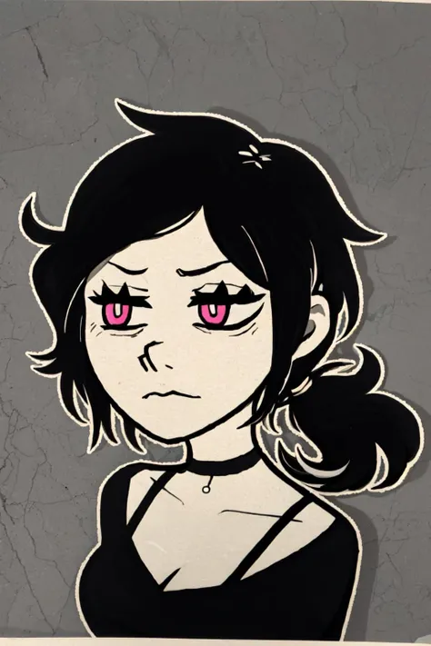 <lora:ashleyvk:0.8> ashleyvk, 1girl, solo, black hair, medium breasts, choker, medium hair, low ponytail, bust portrait, black blouse, emotionless <lora:wojak:0.7>