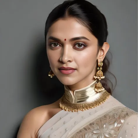 headshot photo of deepika padukone woman, studio quality, subsurface scattering, high neck gown, canon 5D, realistic skin texture, flat white background <lora:Deepika_Padukone_SDXL_LoRA:1>