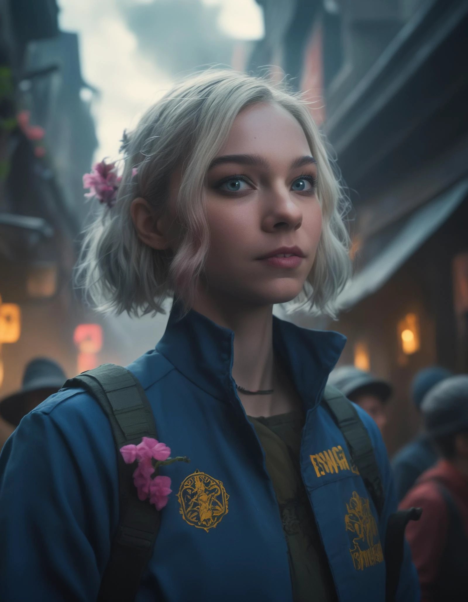 portrait of a gorgeous ((ohwx woman)) princedd, dynamic lighting, in the style of Jean-Baptiste Monge, dark ambiance, ink slpatters, flowers, realistic, sharp focus, illustration, octane render, unreal engine, 8k, high resolution, trending on artstation, sharp focus, studio photo, intricate details, highly detailed, by greg rutkowski, sharp focus, emitting diodes, smoke, artillery, sparks, racks, system unit, motherboard, by pascal blanche rutkowski repin artstation hyperrealism painting concept art of detailed character design matte painting, 4 k resolution blade runner <lora:myers_lora_sdxl:0.90>