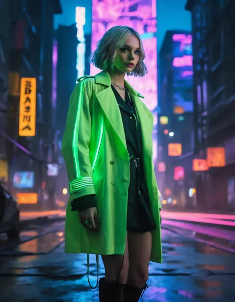 (full height:1.3), a beautiful ((ohwx woman))  As a blade runner in a cyberpunk metropolis, decked out in neon lights, sporting a futuristic leather trench coat, with glowing cybernetic eyes. The bustling city skyline, with flying cars and holograms, makes for an electrifying background., inspired by Krenz Cushart, neoism, kawacy, wlop, gits anime,A sleek silver undercut, with neon light patterns etched into the short side, juxtaposed with longer hair draping over one eye., <lora:myers_lora_sdxl:0.90>