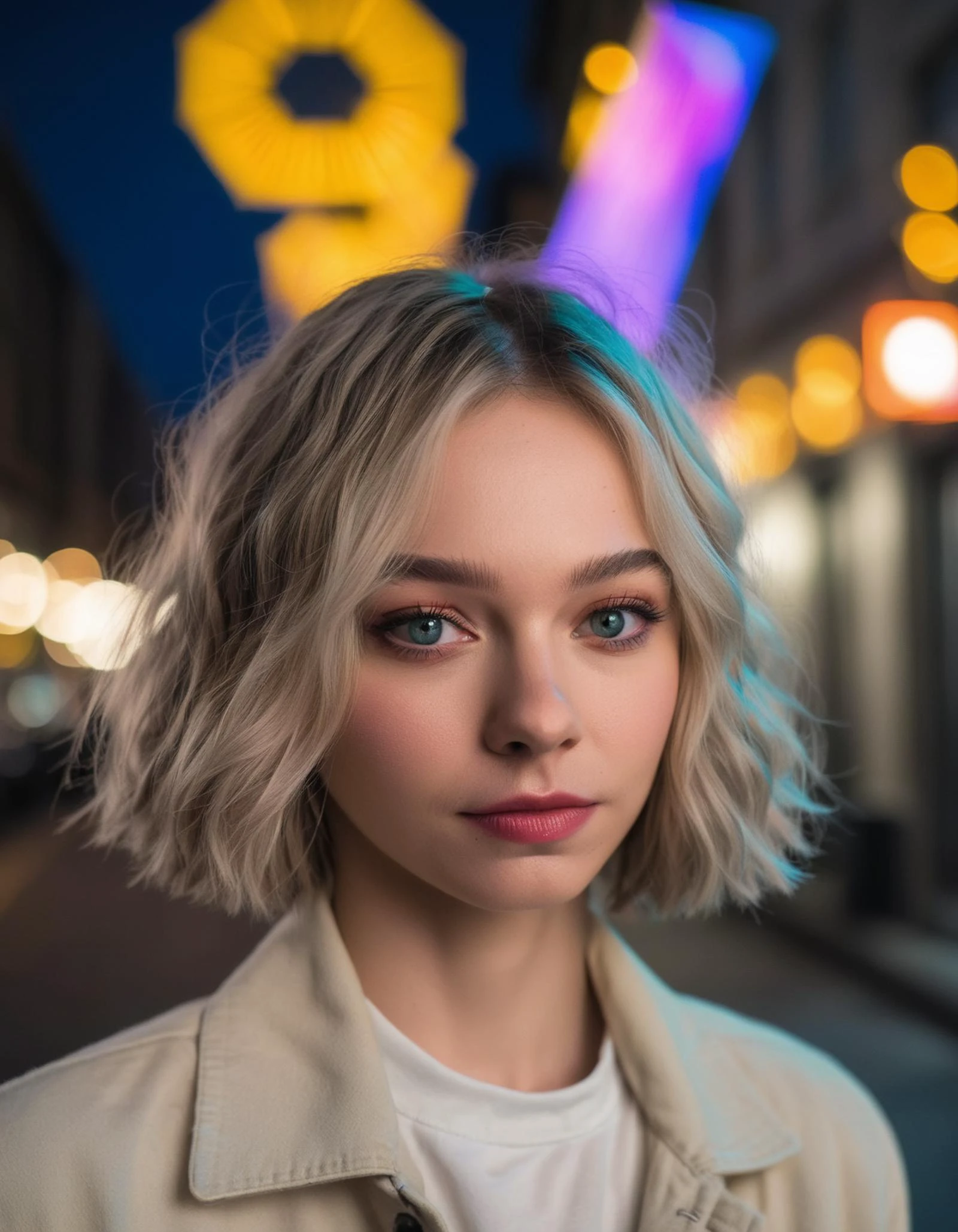 professional fashion close-up portrait photography of a beautiful ((ohwx woman)) in the city at night, Nikon Z9, bokeh <lora:myers_lora_sdxl:0.90>