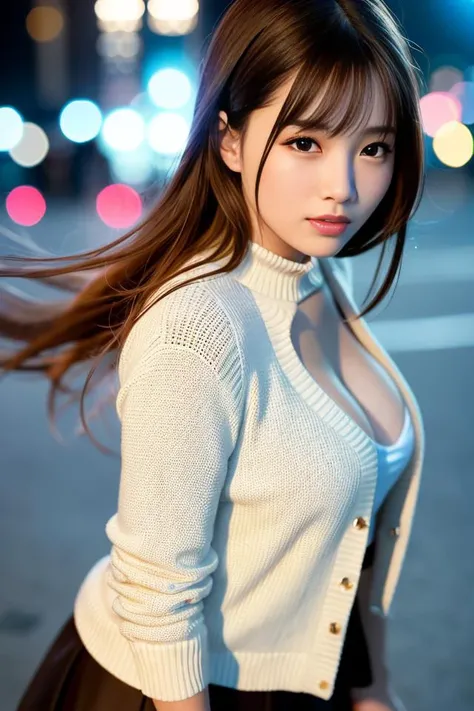 (skin blemish:1.2),1women, 28 yo, (((woman))), (skindentation), gorgeous, solo, realistic, best quality, photorealistic, masterpiece, 8k, high res, solo, extremely detailed face, cowboy shot, bust shot, passport photo, fullface, (professional lighting, bokeh), (light particles, lens flare, glowing particles:0.6), (dynamic pose:1.2), soft lighting, top angle view, fashionable and trendy atmosphere, japan, tokyo, ((nighttime)), ((looking at the viewer)), (looking at the camera),(portrait:0.6), standing, uppper body, facial close up, (medium breast:1), (long hair), brown hair, floating hair, nose, lips, lipstick, seductive smile, floating hair, mole, (cheekbone:1), (mole under eye:1.2), high neck sweater, no sleeves sweater, jacket, skirt, <lora:Erenaso:0.8>