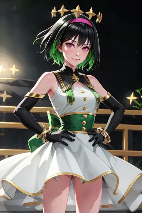 jupiter \(takt op.\), blush, standing, smile, (portrait:1.2),
nice hands, perfect hands, hands on hips,
(realistic:1.2), (masterpiece, best quality, ultra-detailed), (beautiful detailed face, beautiful detailed eyes, volumetric lighting),
(1girl, solo),
pink eyes, ahoge, multicolored hair, black hair, colored inner hair, green hair, short hair,
(star hair ornament, star \(symbol\), star crown),
white dress, bracelet, elbow gloves, (green waist bow, pink headband:1.1),
mksks style, beautiful background,