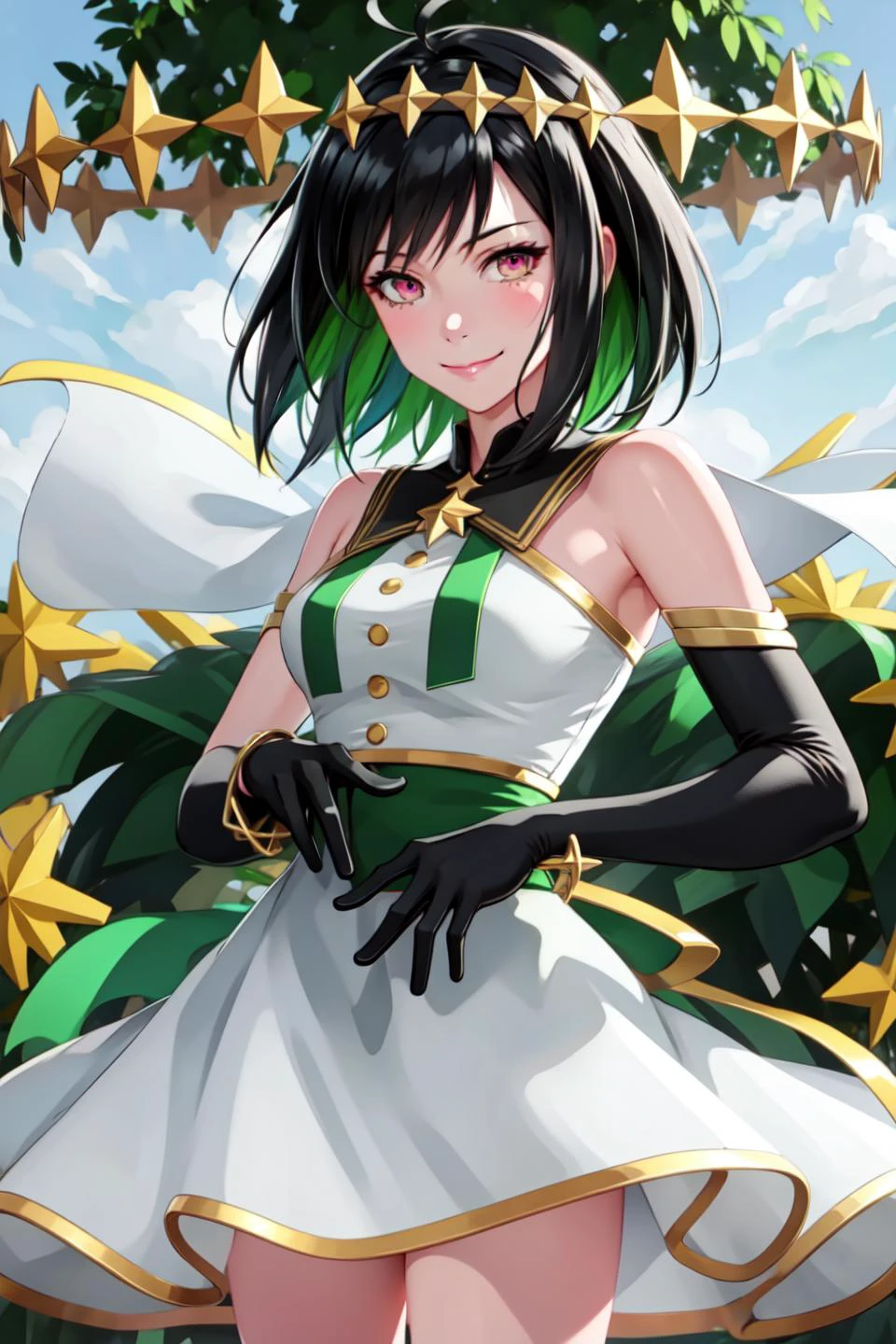 jupiter \(takt op.\), blush, standing, smile, (close-up:1.8),
(realistic:1.2), (masterpiece, best quality, ultra-detailed), (beautiful detailed face, beautiful detailed eyes, volumetric lighting),
(1girl, solo),
pink eyes, yellow eyes, ahoge, multicolored hair, black hair, colored inner hair, green hair, short hair,
(star hair ornament, star \(symbol\), star crown),
white dress, (pink headband:1.1), elbow gloves, green waist bow,
mksks style, beautiful background,