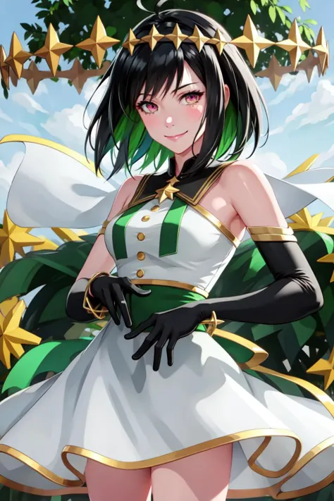 jupiter \(takt op.\), blush, standing, smile, (close-up:1.8),
(realistic:1.2), (masterpiece, best quality, ultra-detailed), (beautiful detailed face, beautiful detailed eyes, volumetric lighting),
(1girl, solo),
pink eyes, yellow eyes, ahoge, multicolored hair, black hair, colored inner hair, green hair, short hair,
(star hair ornament, star \(symbol\), star crown),
white dress, (pink headband:1.1), elbow gloves, green waist bow,
mksks style, beautiful background,