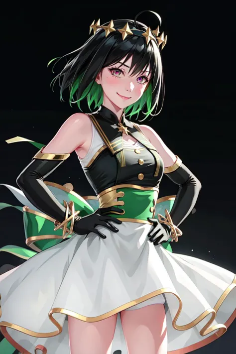 jupiter \(takt op.\), blush, standing, smile, portrait,
nice hands, perfect hands, hands on hips,
(realistic:1.2), (masterpiece, best quality, ultra-detailed), (beautiful detailed face, beautiful detailed eyes, volumetric lighting),
(1girl, solo),
pink eyes, ahoge, multicolored hair, black hair, colored inner hair, green hair, short hair,
(star hair ornament, star \(symbol\), star crown),
white dress, bracelet, elbow gloves, (green waist bow, pink headband:1.1),
mksks style, beautiful background,