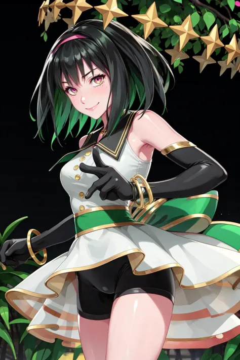 jupiter \(takt op.\), cowboy shot, from below, blush, smile,
(realistic:1.2), (masterpiece, best quality, ultra-detailed), (beautiful detailed face, beautiful detailed eyes, volumetric lighting),
(1girl, solo),
pink eyes, yellow eyes, ahoge, multicolored hair, black hair, colored inner hair, green hair,
black gloves, bracelet, elbow gloves, bike shorts, sleeveless, star \(symbol\), star hair ornament, star pasties, pink headband, green waist bow,
mksks style, beautiful background, outdoors,