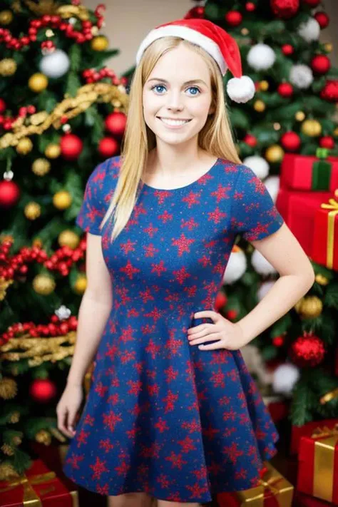 Blond woman in her mid 20s wearing a Christmas themed red and blue dress