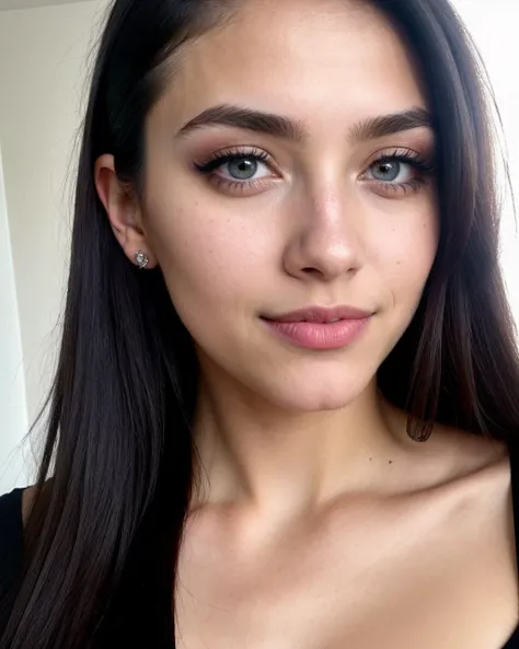 a close up portrait photo of 22yo gorgeous Quebecoise bombshell, feminine face, detailed eyes, round eyes, smirk, (big eyes), (perfect slim body), beautiful punk, symmetry, flirty character portrait, makeup, lipstick, mascara, eyeliner, alternative, hipster, tease, facing viewer, (freckles:0.4), smiling, award winning, waist up, dark theme, soothing tones, muted colors, high contrast, (natural skin texture, hyperrealism, soft light, sharp)
