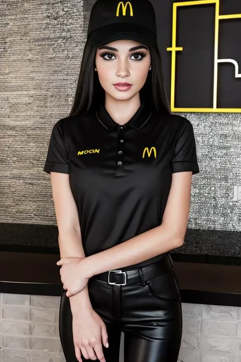 sensual 22yo 1girl, <lora:McDonaldsUniform:1.0> McDonaldsUniform, black hair, long hairshirt, green eyes, black shirt, unbuttoned shirt, uniform, black pants, pants, cap, (in fast-food),,super hot body BREAK ((photorealistic), realistic face), medium breasts, beautifully detailed woman, realistic face, detailed mouth, extremely detailed eyes_and_face, beautiful attractive face, beautiful detailed eyes, (photorealistic), pronounced feminine feature, matte eyeshadow, eyelashes, eyeliner, perfect fit body, smooth skin, dynamic posing, toned body, flat belly, perfect feminine hands, BREAK color HD photo, glow in the dark, (full-body shot, high quality photo, masterpiece), HDR, 8K resolution, analogue RAW DSLR, best quality, absurdres, vivid vibrant colors, skin pores, intricate detail, (intricately detailed face_and_eyes), realistic human hands, sophisticated detail, (realistic lighting, sharp focus), centerfold, bokeh, official art, 8k wallpaper, ultra high res, professional photography