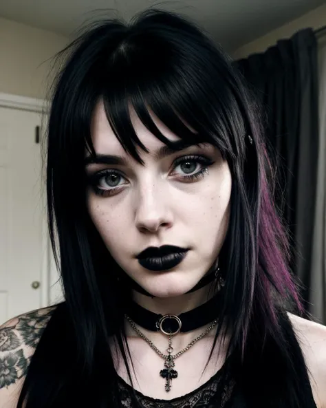 RAW photo, photograph of a Qubcoise 20 years old woman, (detailed facial features), gorgeous face, grunge style, standing in her messy bedroom, pale skin, wearing eyeliner, grainy, (high detailed skin:1.2), goth, scene hair, (emo girl), teased hair, wearing bracelets, wearing choker necklace, instagram, colorized, ((detailed face)), selfie, <lora:Goth LoRA:0.6>, <lora:add_detail:0.2>