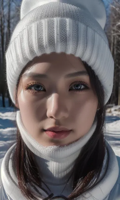 (white ski wear:1.1), (masterpiece,best quality:1.4),(8k,raw photo,photo realistic, Fujifilm XT3:1.2),natural light, hard shadow, HDR, shiny skin,detailed skin,detailed face,detailed eyes, japanese woman, (snowing:1.1), (full body shot:1.2), white knitted hat,(red lips:0.9), <lora:asianGirlsFace_v1:0.3> <lora:backlight_slider_v10:-0.5>