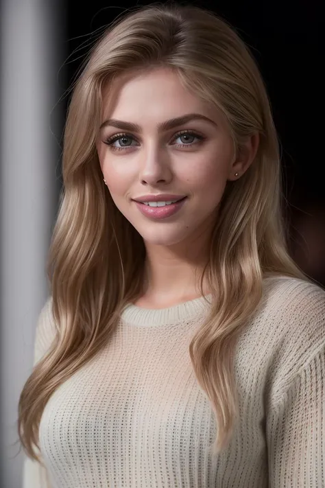 photo of beautiful (4br31t:0.99), a woman as a movie star, freckles, (knitted sweater), (long trousers:1.1), at a movie premiere gala, dark moody ambience (masterpiece:1.2) (photorealistic:1.2) (bokeh) (best quality) (detailed skin:1.2) (intricate details) (nighttime) (8k) (HDR) (cinematic lighting) (sharp focus), (looking at the camera:1.1), (closeup portrait:1.1), (grin512)