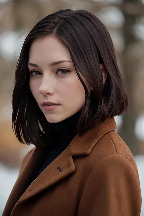 photo of (chyleigh:0.99), a woman, RAW, close portrait photo, long brown coat, turtleneck, long haircut, slim body, (high detailed skin:1.2), 8k uhd, dslr, soft lighting, high quality, film grain, Fujifilm XT3 sharp focus, f 5.6