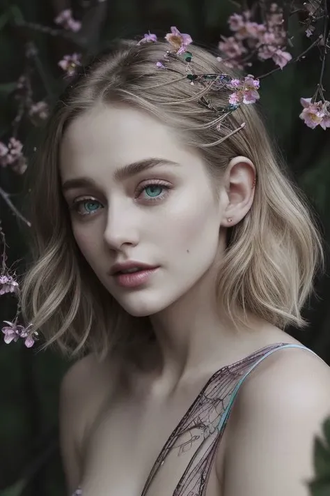 (best quality, masterpiece, colorful, dynamic angle, highest detailed)upper body photo, full body photo, fashion photography of cute unity 8k wallpaper, ultra detailed, beautiful and aesthetic, (photorealistic:1.4), (1girl), green eyes, blonde, hair ornament, elf ears, short hair, blush, dynamic pose, dynamic angle, lipstick, slim, slim body, very wild shot, outdoor, detailed background, realistic, solo, perfect detailed face, naughty face, detailed eyes, highly detailed, full naked, short hairs, ideal bobtail, full naked, detailed nippets, magic flowers, BREAK ((fantasy forest)), ((small flowers around)), ((dark night)), ((darkness)), magic flowers, ((small moon)), (intricate details, hyperdetailed:1.15), detailed, moonlight passing through hair, (official art, extreme detailed, highest detailed),