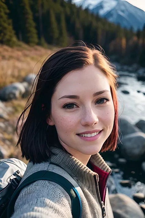 ((selfie)) photo of chyleigh, smiling, outdoors, mountains, wearing a backpack, sweater, and hiking jacket, rocks, river, wood, analog style (look at viewer:1.2) (skin texture), close up, cinematic light, sidelighting, Fujiflim XT3, DSLR, 50mm