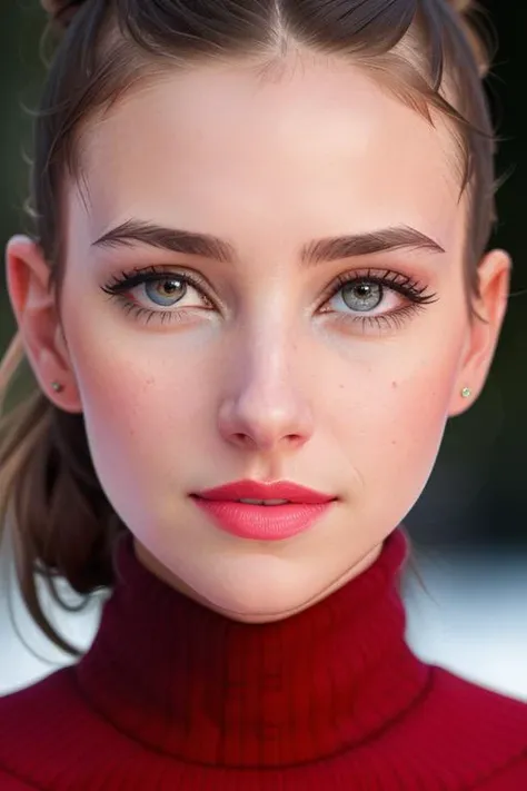 photo of a woman, emmarob:0.99, ((pale skin)), ((hair up, hair in bun, dark brown hair):1.2)((turtleneck sweater):1.2),((closeup, portrait)),((outdoors, snow, city):1.2),,((red lipstick, eyeliner, eye shadow, blush):1.2), ((best quality, masterpiece, extreme details, high resolution):1.2),((detailed eyes, beautiful eyes, detailed face, beautiful face):1.2), photo of the most beautiful artwork in the world, professional majestic (photography by Steve McCurry), 8k uhd, dslr, soft lighting, high quality, film grain, Fujifilm XT3 sharp focus, f 5.6, High Detail, Sharp focus, dramatic