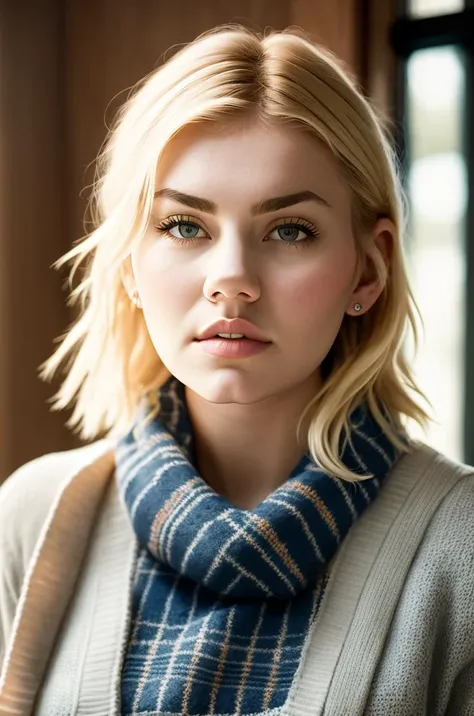 RAW photo of (KimBauer:0.99) Wearing a pastel-colored sweater with a plaid scarf and skinny jeans., face, half body, body, high detailed skin, skin pores, coastline, overcast weather, wind, waves, 8k uhd, dslr, soft lighting, high quality, film grain, Fujifilm XT3