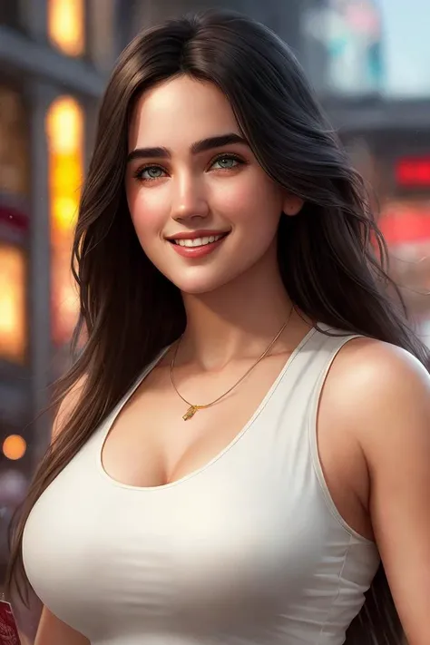picture of (jenn1f1850:0.99), a woman (wearing a tight white tank top:1.2), (wearing jeans:1.1), big breasts, modelshoot style, (extremely detailed CG unity 8k wallpaper), photo of the most beautiful artwork in the world, professional majestic oil painting by Ed Blinkey, Atey Ghailan, Studio Ghibli, by Jeremy Mann, Greg Manchess, Antonio Moro, trending on ArtStation, trending on CGSociety, Intricate, High Detail, Sharp focus, dramatic, photorealistic painting art by midjourney and greg rutkowski, perfect thighs, ((in a shopping mall)), (looking at viewer), (detailed eyes:1.2), (grin512:1.2), closeup, (holding a shopping bag:1.1)