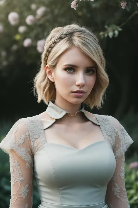 beautiful woman (emr0berts:.99), hair upsweep updo, ((portrait)), (closeup), ((from the waist up)), ((fantastic scenery, garden:1.2)) , natural skin texture, ((loose elegant jumpsuit with collar:1.2)), 24mm, 4k textures, soft cinematic light, adobe lightroom, photolab, hdr, intricate, elegant, highly detailed, sharp focus, ((((cinematic look)))), soothing tones, insane details, intricate details, hyperdetailed, low contrast, soft cinematic light, exposure blend, hdr, faded