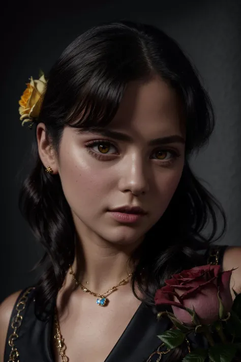 masterpiece, best quality, ultra-detailed, illustration, close-up, straight on, 1girl, black hair, yellow eyes, red roses, chains <lora:photorealism_last:1>, Cute and adorable cartoon, fantasy, dreamlike, surrealism, super cute, trending on artstation, cute, tiny, little chibi, kawai, furry, great face expression, dynamic pose, trending on artstation, cinematic, hyper realism, high detail, 8k, 8mm, octane render, bokeh, artstation, detailed, character design by mark ryden and pixar<lora:epi_noiseoffset2:1><lora:epi_noiseoffset2:1>