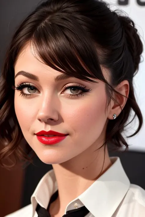 photo of a woman, maryew-1578:0.99,((beautiful dark brown hair, short hair)) ((necktie, white shirt, skirt):1.2), ((closeup, portrait):1.2),((whiteboard, conference room):1.2),((red lipstick,heavy eyeliner, heavy eye shadow, blush):1.2), ((best quality, masterpiece, extreme details, high resolution):1.2),((detailed eyes, beautiful eyes, detailed face, beautiful face):1.2)