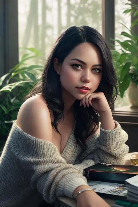 photo of (4lyssadiaz:0.99), a woman in the cover of a fashion magazine, (magazine cover:1.3), modelshoot style, (extremely detailed CG unity 8k wallpaper), photo of the most beautiful artwork in the world, professional majestic oil painting by Ed Blinkey, Atey Ghailan, Studio Ghibli, by Jeremy Mann, Greg Manchess, Antonio Moro, trending on ArtStation, trending on CGSociety, Intricate, High Detail, Sharp focus, dramatic, photorealistic painting art by midjourney and greg rutkowski, (sexy sweater off shoulders), (trousers), (looking at viewer), (detailed pupils:1.3), (modern outfit:1.2), (closeup), red lips, (eye shadow), (magazine text), (magazine title:1.3)
