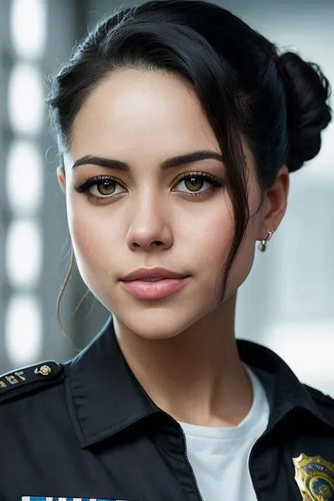photo of (4lyssadiaz:0.99), a woman as a police officer, modelshoot style, (extremely detailed CG unity 8k wallpaper), photo of the most beautiful artwork in the world, professional majestic oil painting by Ed Blinkey, Atey Ghailan, Studio Ghibli, by Jeremy Mann, Greg Manchess, Antonio Moro, trending on ArtStation, trending on CGSociety, Intricate, High Detail, Sharp focus, dramatic, photorealistic painting art by midjourney and greg rutkowski, (black police uniform), (tight bun hairstyle:1.2), (trousers), ((inside a police station)), (standing by a desk), ((policemen in the background)), (looking at viewer), (detailed pupils:1.3), (closeup:1.1), (defiance512)