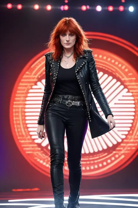 photo of (Florence Welch:0.99), a woman wearing a black leather jacket, with silver studs over a dark purple shirt, with silver armor on the shoulders, with an arms, art by CFStyle