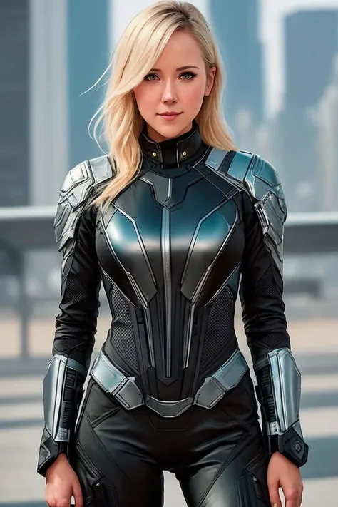 photo of (Jessy Schram:0.99), a woman wearing a form-fitting metallic silver jumpsuit, with black tactical gear on top, art by CFStyle