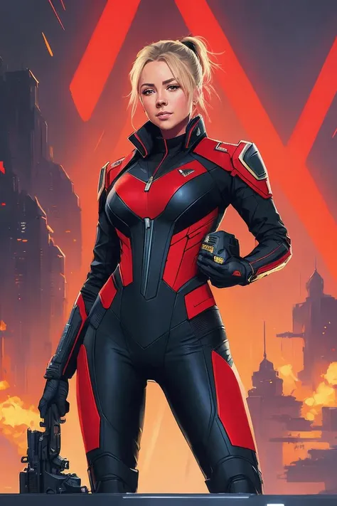 photo of (Hilary Shepard:0.99), a woman Wearing a red and black power suit with glowing yellow accents and a HUD visor, art by CFStyle