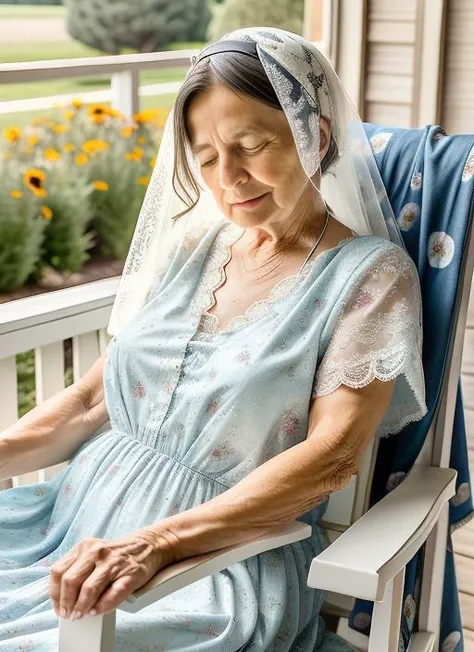 a old woman sleeping in a rocking chair, in a porch of a farmhouse, wearing a lace dress and a veil over the head, flower print, <lora:sleeping_:1>