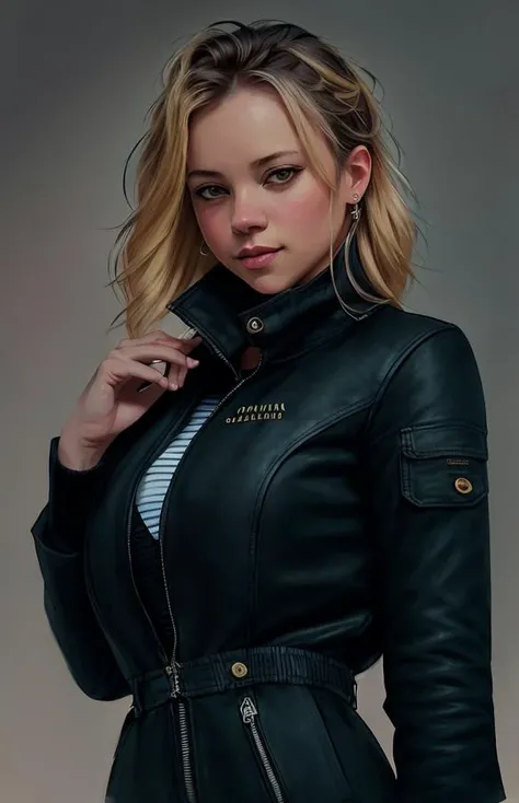 portrait painting of (AmySmart:0.99) in Roaring Twenties New York City, solo, 1girl,, high detail, high quality, Wearing a white button-up shirt under a black leather jacket., masterpiece, (art by CFStyle:1.3)