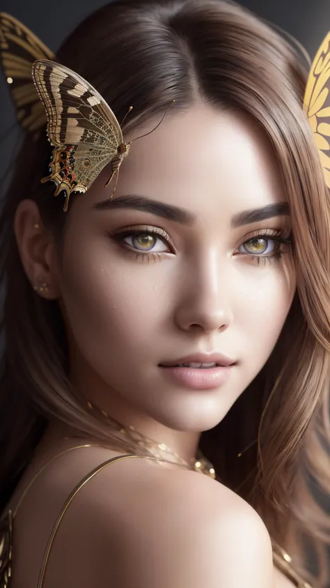 (RAW, analogue, Nikon Z 14mm ultra-wide angle lens, award-winning glamour photograph, ((best quality)), ((masterpiece)), ((realistic)), tessellation, ambient occlusion, ray-tracing, subsurface scattering, radiant light rays, high-res, detailed facial features, high detail, sharp focus, smooth, aesthetic, extremely detailed, (extremely detailed eyes, extremely detailed iris), extremely detailed hair, extremely detailed skin, extremely detailed clothes, octane render, photorealistic, realistic, post-processing, max detail, realistic shadows, roughness, natural skin texture, real life, ultra-realistic, photorealism, photography, 8k UHD, photography, hdr, intricate, elegant, highly detailed, sharp focus, stunning, beautiful, gorgeous), 8k portrait of beautiful cyborg with brown hair, intricate, elegant, highly detailed, majestic, digital photography, surreal painting gold butterfly filigree, broken glass, (masterpiece, sidelighting, finely detailed beautiful eyes: 1.2), hdr,
