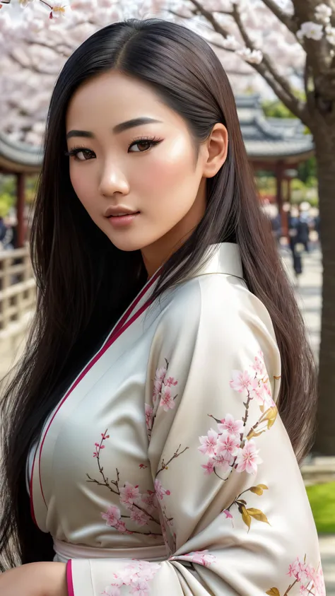(RAW, analogue, Nikon Z 14mm ultra-wide angle lens, award-winning glamour photograph, ((best quality)), ((masterpiece)), ((realistic)), skin pores, ray-tracing, tessellation, subsurface scattering, radiant light rays, high-res, detailed facial features, sharp focus, smooth, aesthetic, extremely detailed, (extremely complex perfect eyes, extremely detailed iris), extremely detailed hair, ((extremely detailed skin)), extremely detailed clothes, photorealistic, realistic, post-processing, max detail, realistic shadows, roughness, natural skin texture, real life, ultra-realistic, photorealism, photography, 8k UHD, HDR, intricate, elegant, highly detailed, sharp focus, stunning, beautiful, gorgeous), the most beautiful young Asian female ((wearing a kimono)) (on knees under a cherry blossom tree, (drinking tea)), shy expression, (Asian architecture in the background), cleavage, perfect body, perfect small natural breasts, a perfect tight bum, ((head tilted up)), pure photo, serine, peaceful, asian scripture, asian tattoos