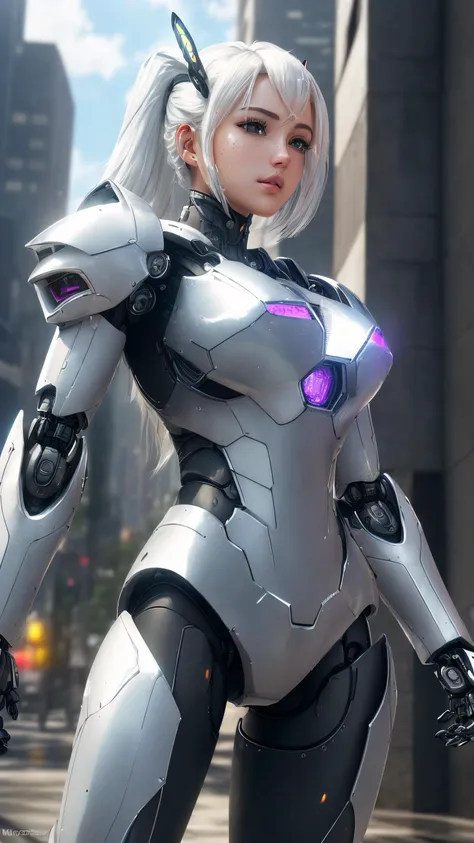 (RAW, analog, Nikon Z 14mm ultra-wide angle lens, award-winning glamour photograph, ((best quality)), ((masterpiece)), ((realistic)), skin pores, subsurface scattering, radiant light rays, high-res, detailed facial features, high detail, sharp focus, smooth, aesthetic, extremely detailed, (extremely detailed eyes, extremely detailed iris), extremely detailed hair, extremely detailed skin, extremely detailed clothes, octane render, photorealistic, realistic, post-processing, max detail, realistic shadows, roughness, natural skin texture, real life, ultra-realistic, photorealism, photography, 8k UHD, photography, hdr, intricate, elegant, highly detailed, sharp focus, stunning, gorgeous, cute), (((robot girl, mecha)), broken armor, mechanical halo, mechanical arms, white hair, long hair, ceramic body, thigh gap, small breast, cyber background, extreme detailed city, (translucent body, reflection skin))