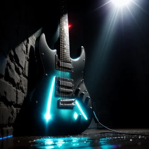 wet look, watery, water, mysterious, dark electronic guitar hanging on a wall, futuristic design, shining, lens flares, highly detailed, cinematic, photo, photography, hyper detailed, epic, 50mm, Canon