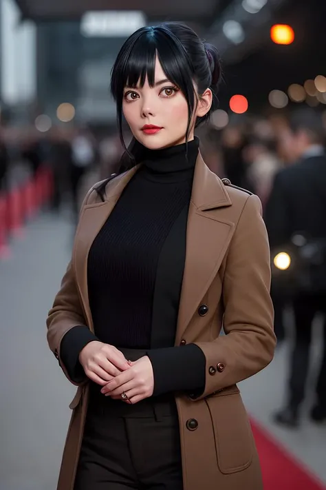 photo of (jillmorph:0.99), a woman as a movie star, modelshoot style, (extremely detailed CG unity 8k wallpaper), photo of the most beautiful artwork in the world, professional majestic oil painting by Ed Blinkey, Atey Ghailan, Studio Ghibli, by Jeremy Mann, Greg Manchess, Antonio Moro, trending on ArtStation, trending on CGSociety, Intricate, High Detail, Sharp focus, dramatic, photorealistic painting art by midjourney and greg rutkowski, (long brown coat), (turtleneck), ((comicon event)), (trousers), ((standing on the red carpet)), ((paparazzi in the background)), (looking at viewer), (detailed pupils:1.3), (modern outfit:1.2), (closeup), red lips, (eye shadow)
