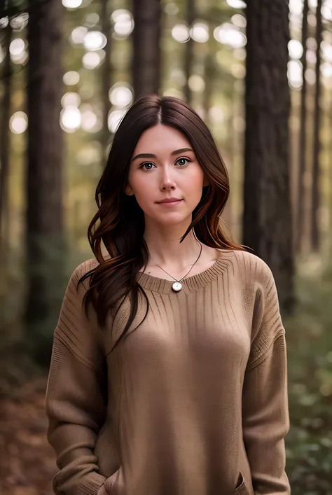 real life raw photo of a beautiful girl (J3ST401:0.99), full body photoshoot, full round face, short smile, brown sweater, forest setting, cinematic lightning, medium shot, mid - shot, highly detailed, trending on artstation, iso 2 0 0, f 1. 4, (8 0 mm:1.03), 8 5 mm, natural light, (morning haze:1.2), absurdres, incredibly_absurdres,