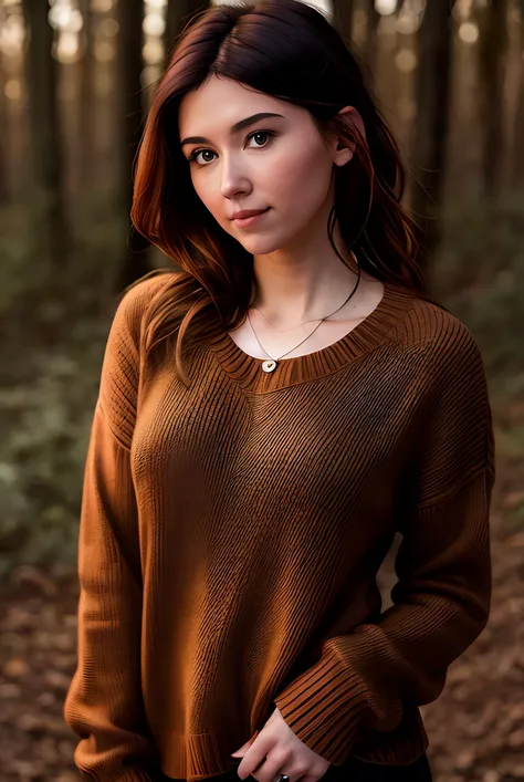 real life raw photo of a beautiful girl (J3ST401:0.99), full body photoshoot, full round face, short smile, brown sweater, forest setting, cinematic lightning, medium shot, mid - shot, highly detailed, trending on artstation, iso 2 0 0, f 1. 4, (8 0 mm:1.03), 8 5 mm, natural light, (morning haze:1.2), absurdres, incredibly_absurdres,