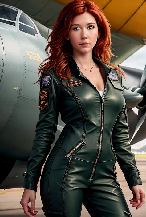 photo of (J3ST401:0.99), a woman as a sexy air force pilot, (wearing air force pilot jumpsuit), (open zipper jumpsuit with cleavage:1.2), modelshoot style, (extremely detailed CG unity 8k wallpaper), photo of the most beautiful artwork in the world, professional majestic photorealistic picture, canon m50, trending on ArtStation, trending on CGSociety, Intricate, High Detail, Sharp focus, dramatic, photorealistic painting art by midjourney, (trousers), ((standing inside a hangar)), ((airplanes in the background)), (looking at viewer:1.2), (detailed pupils:1.3), (revealing outfit:1.2), (closeup:1.3), (extremely sexy), (cleavage:1.1)