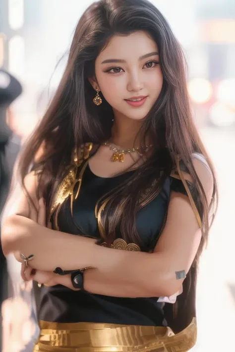 photo of DanielleNJ a woman as a movie star, modelshoot style, (extremely detailed CG unity 8k wallpaper), Intricate, High Detail, Sharp focus, smiling, photorealistic painting art by midjourney and greg rutkowski , (kpop), ((paparazzi in the background)), (looking at viewer), (detailed pupils:1.2), (elegant k-pop dress:1.3) brightly lit<lora:DanielleNJ:1.0>