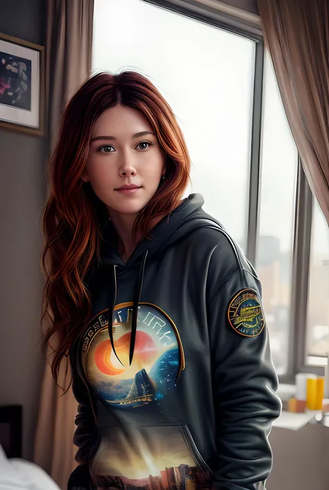 photo of (J3ST401:0.99), a woman, modelshoot style, (extremely detailed CG unity 8k wallpaper), photo of the most beautiful artwork in the world, professional majestic oil painting by Ed Blinkey, Atey Ghailan, Studio Ghibli, by Jeremy Mann, Greg Manchess, Antonio Moro, trending on ArtStation, trending on CGSociety, Intricate, High Detail, Sharp focus, dramatic, photorealistic painting art by midjourney and greg rutkowski, (sexy long hoodie with logo:1.1), (thigh highs), ((posing for a picture in her bedroom)), (looking at viewer:1.3), (detailed pupils:1.3), (modern outfit:1.2), (closeup), (grin512), absurdres, incredibly_absurdres, <lora:add_detail:1>