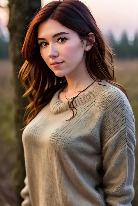 real life raw photo of a beautiful girl (J3ST401:0.99), full body photoshoot, full round face, short smile, brown sweater, forest setting, cinematic lightning, medium shot, mid - shot, highly detailed, trending on artstation, iso 2 0 0, f 1. 4, (8 0 mm:1.03), 8 5 mm, natural light, (morning haze:1.2), absurdres, incredibly_absurdres,