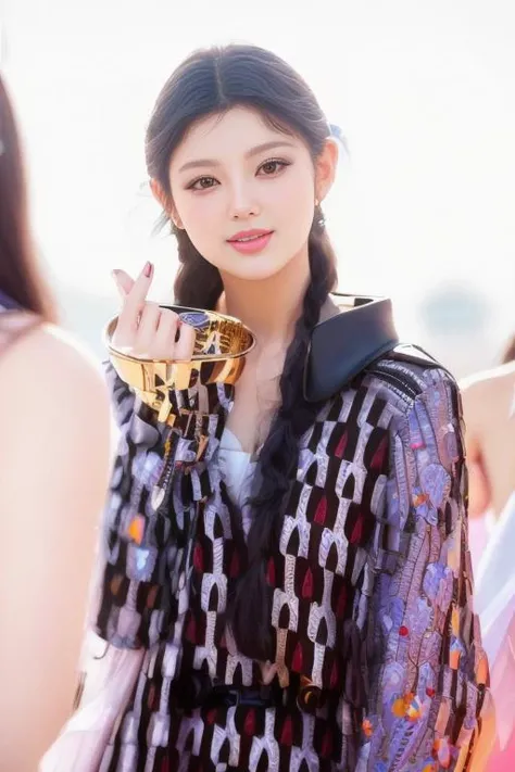 photo of DanielleNJ a woman as a movie star, modelshoot style, (extremely detailed CG unity 8k wallpaper), Intricate, High Detail, Sharp focus, smiling, photorealistic painting art by midjourney and greg rutkowski , (kpop), ((paparazzi in the background)), (looking at viewer), (detailed pupils:1.2), (elegant k-pop dress:1.3) brightly lit<lora:DanielleNJ:1.0>